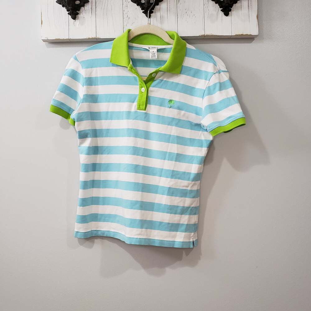Lilly Pulitzer Blue White Striped Green Collar Polo Shirt Small